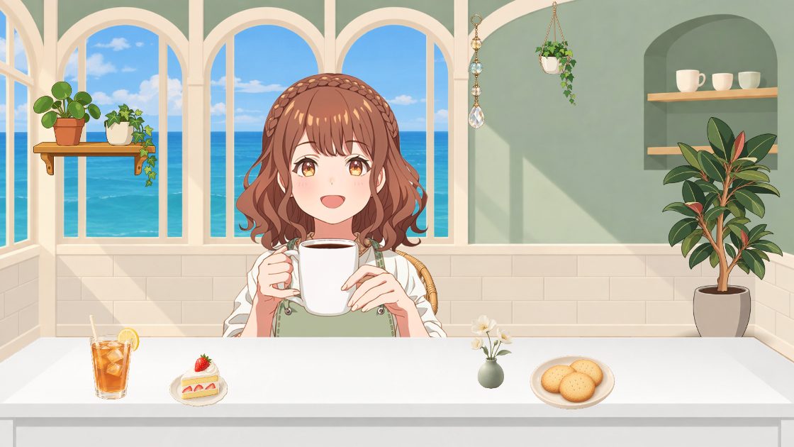 海が見える朝のカフェで、白い机の奥からマグを両手で持って話す栗色の髪のキャラクター。アイスティーとケーキ、小さな花瓶とクッキー、ゴムの木