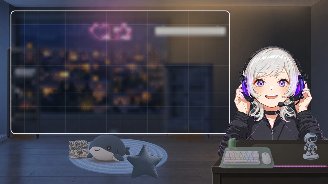 夜景の部屋。左にゲーム画面の枠、右下の黒い机で光るヘッドセットに手を添える銀髪のキャラクター。ハートと星のネオン、機材ラック、丸いラグにサメと星のクッション