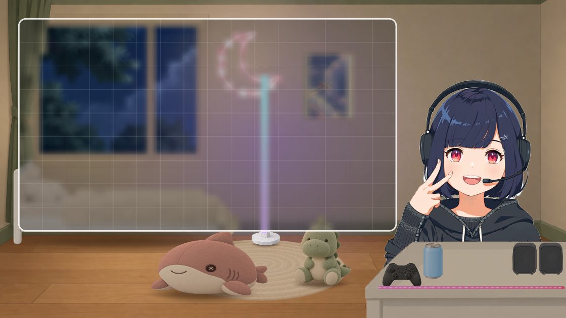 夜の寝室。左にゲーム画面の枠、右下の白い机でヘッドセットを付けてピースする紺色の髪のキャラクター。ベッドと月のネオン、丸いラグにサメと恐竜のぬいぐるみ