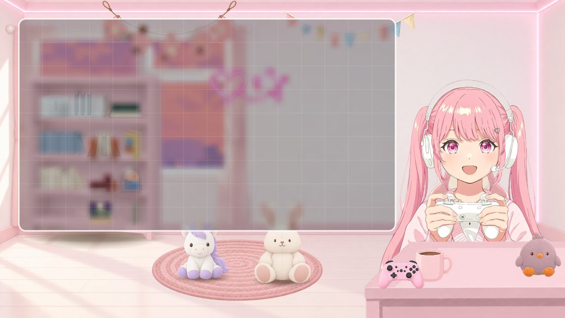 ピンクの部屋。左にゲーム画面の枠、右下のピンクの机でコントローラーを持つツインテールのキャラクター。ピンクの本棚、桜とパステルのガーランド、丸いラグにユニコーンとうさぎ