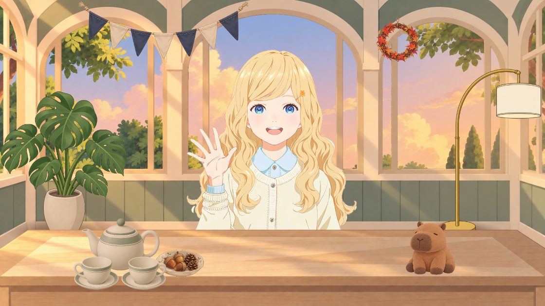 夕焼けのサンルームで、木の机の奥から手を振る金髪のキャラクター。紅茶のセットとどんぐりの小皿、カピバラのぬいぐるみ、モンステラとアーチ型のランプ