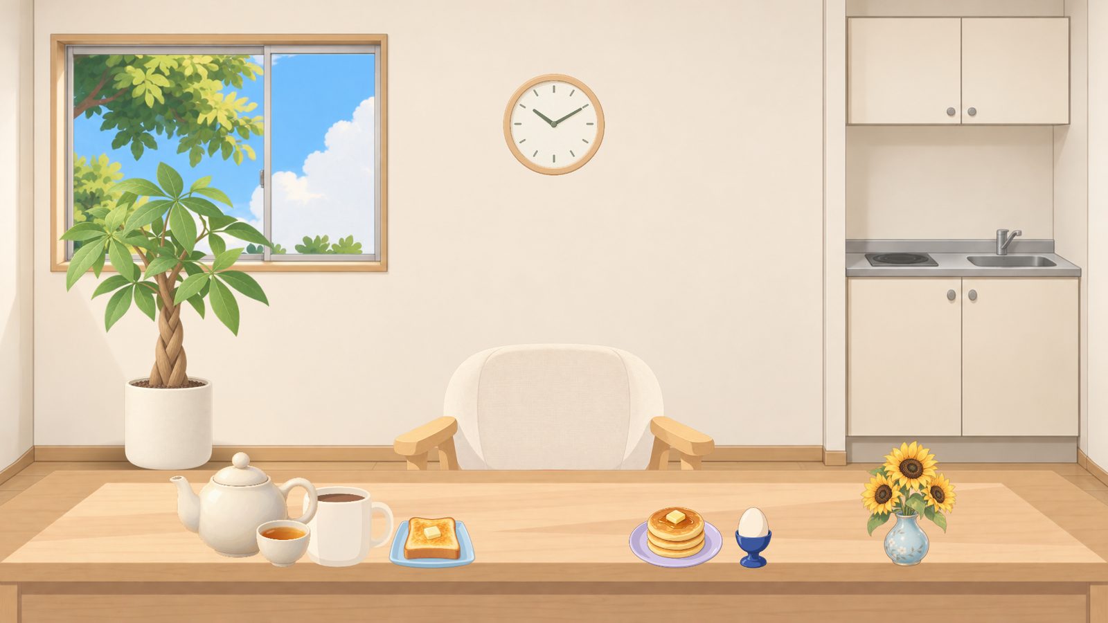 朝の光が入るキッチンの部屋。机にティーポットとマグカップ、バタートースト、ホットケーキ、ゆで卵、ひまわりの花瓶。窓辺に大きなパキラ、壁に時計