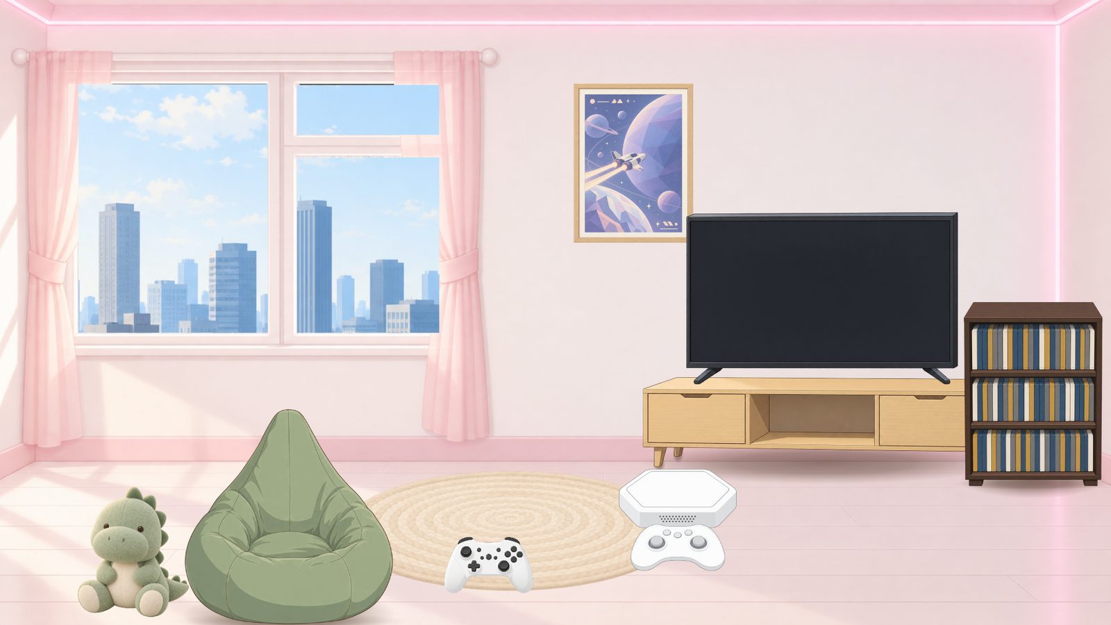 ピンクの壁のゲーム部屋。テレビ台のうす型テレビとゲームソフトの棚、しずく形のビーズクッションと丸いラグ、床にコントローラーと六角のゲーム機、恐竜のぬいぐるみ、壁にゲームのポスター