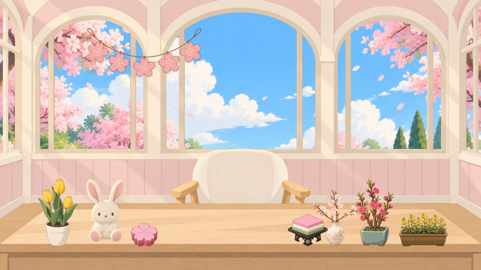 桜の見えるアーチ窓の部屋。窓辺に桜のガーランド、机に黄色いチューリップとうさぎのぬいぐるみ、桜の花びらの小箱、三色のひし餅、桜の枝の花瓶、桃の花の鉢、菜の花のプランター