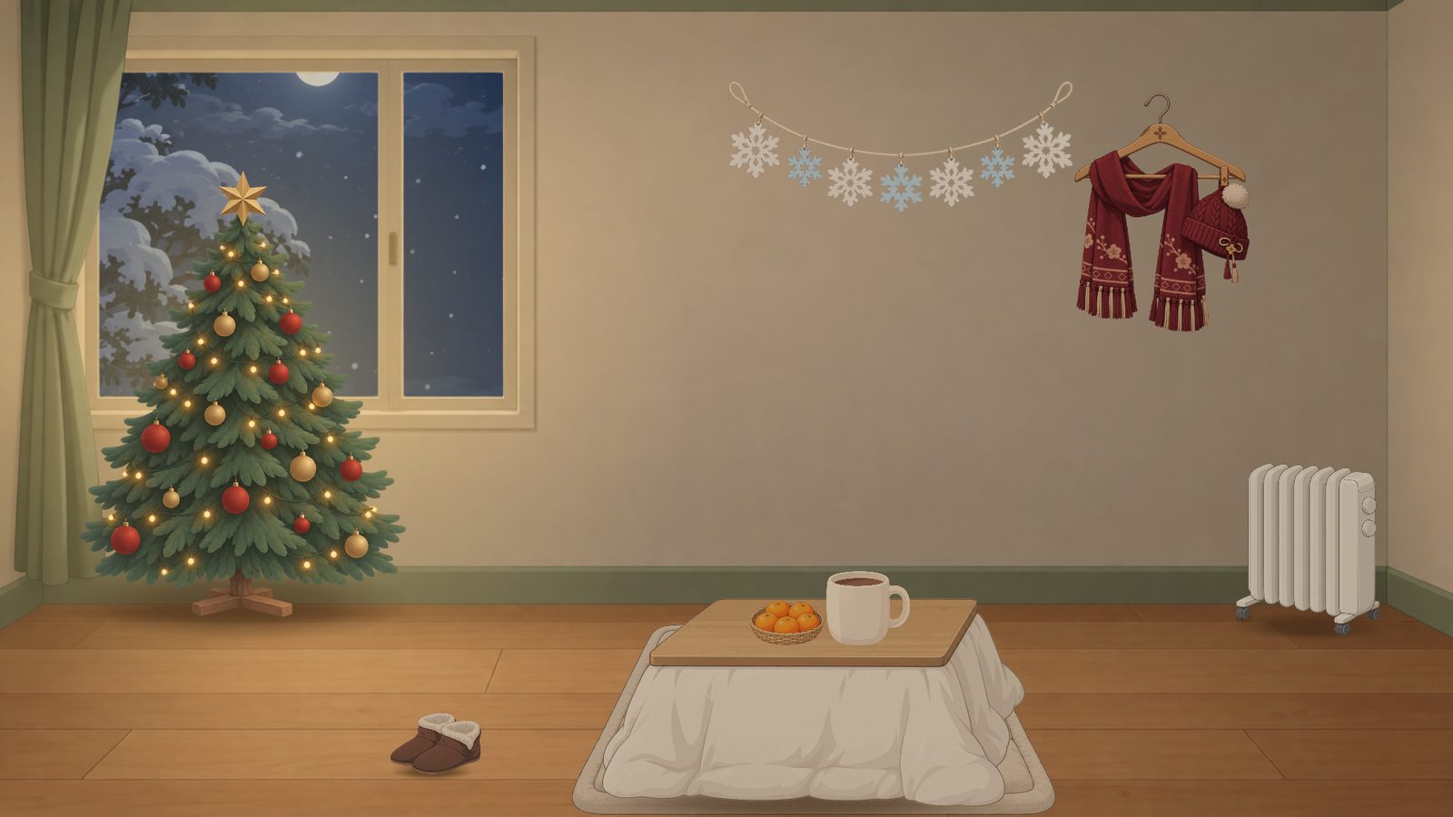 雪の夜が見える部屋。クリスマスツリー、キルトラグの上のこたつにみかんとマグカップ、オイルヒーター、壁に雪の結晶のガーランドと冬のマフラーとニット帽、床にルームブーツ