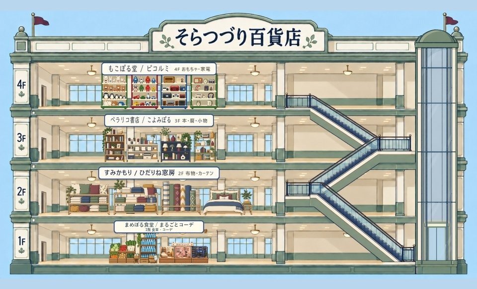 4 階建てのデパートを横から見た画面。各階に売り場とエスカレーター